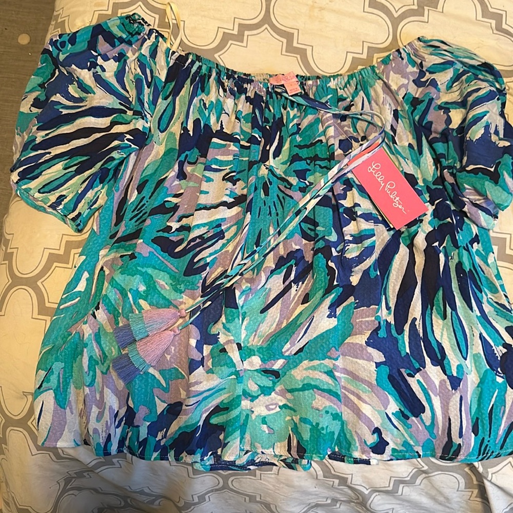 NWT Pulitzer Sain top off the shoulder, Capri teal off tropic size small